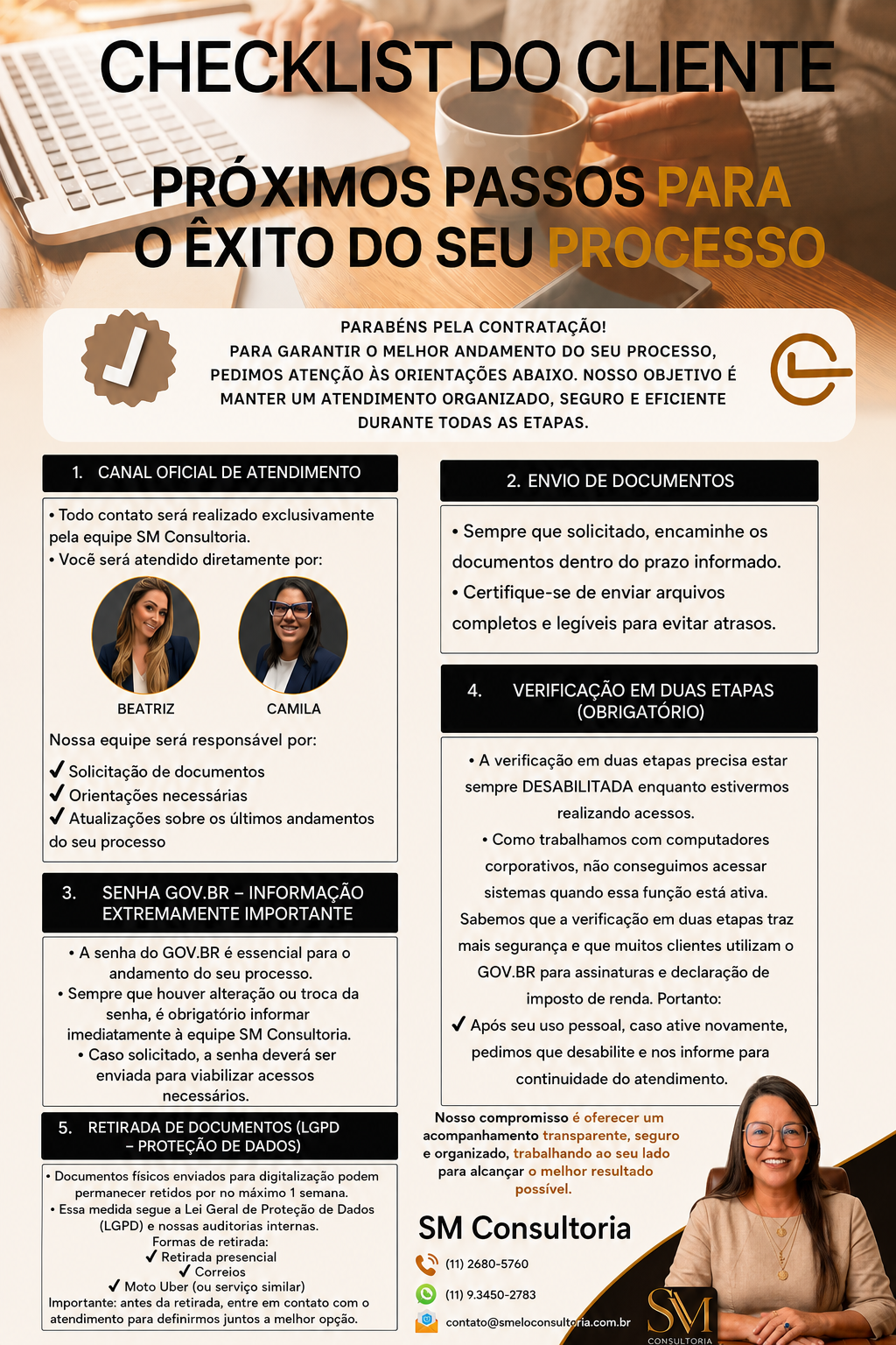 Checklist do cliente da SM Consultoria com orientações para o andamento do processo
